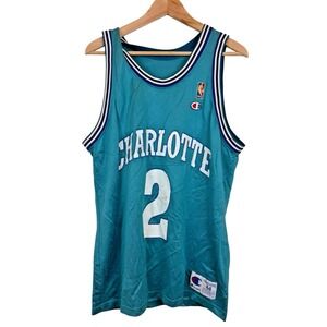 Vintage 90s Champion Mens Teal Charlotte Hornets #2 Larry Johnson Jersey Size 44